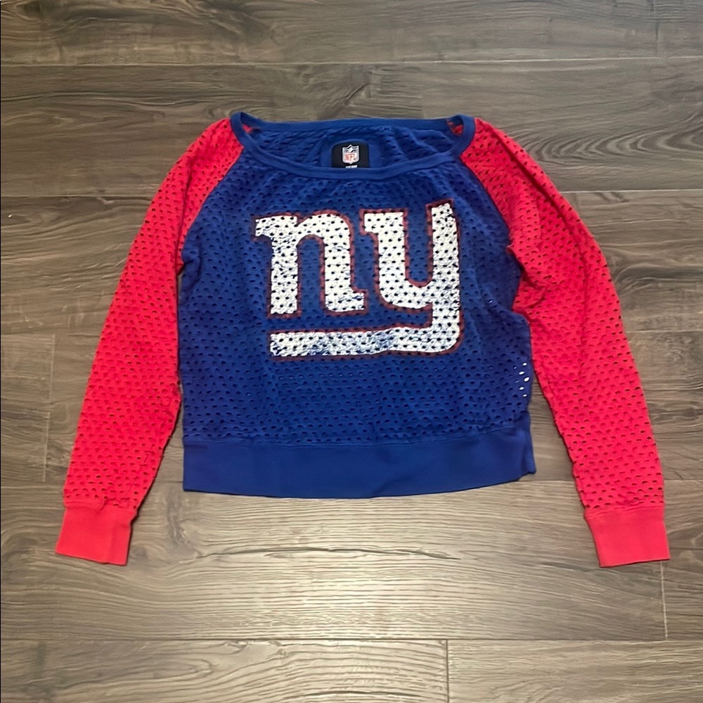 NFL Team Apparel New York Giants Women's Red & Blue Mesh Crew Neck Top, Sz Large